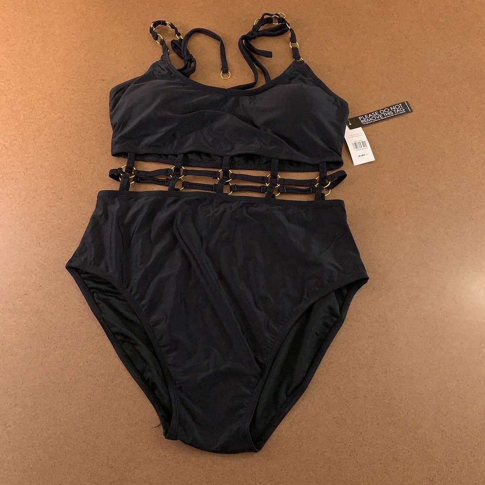Fashion To Figure Womens 1X Black Cut Out Grommet Detail One Piece Swimsuit NWT